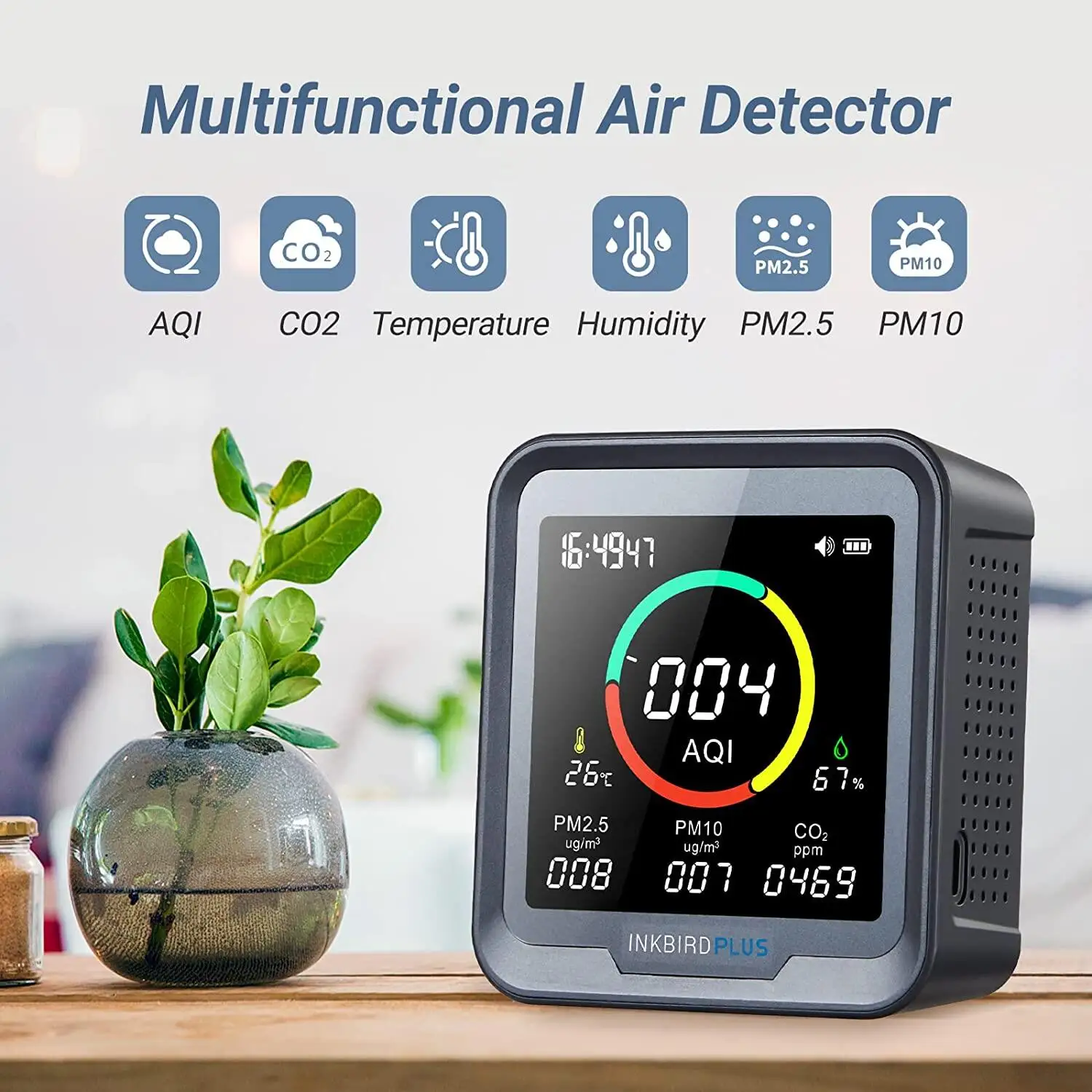 Imagem -02 - Monitor de Qualidade do ar Interior Detectores de Temperatura e Umidade Co2 Pm2.5 Alarme para Quartos Plantas Crescer Tendas Inkbird6-in1