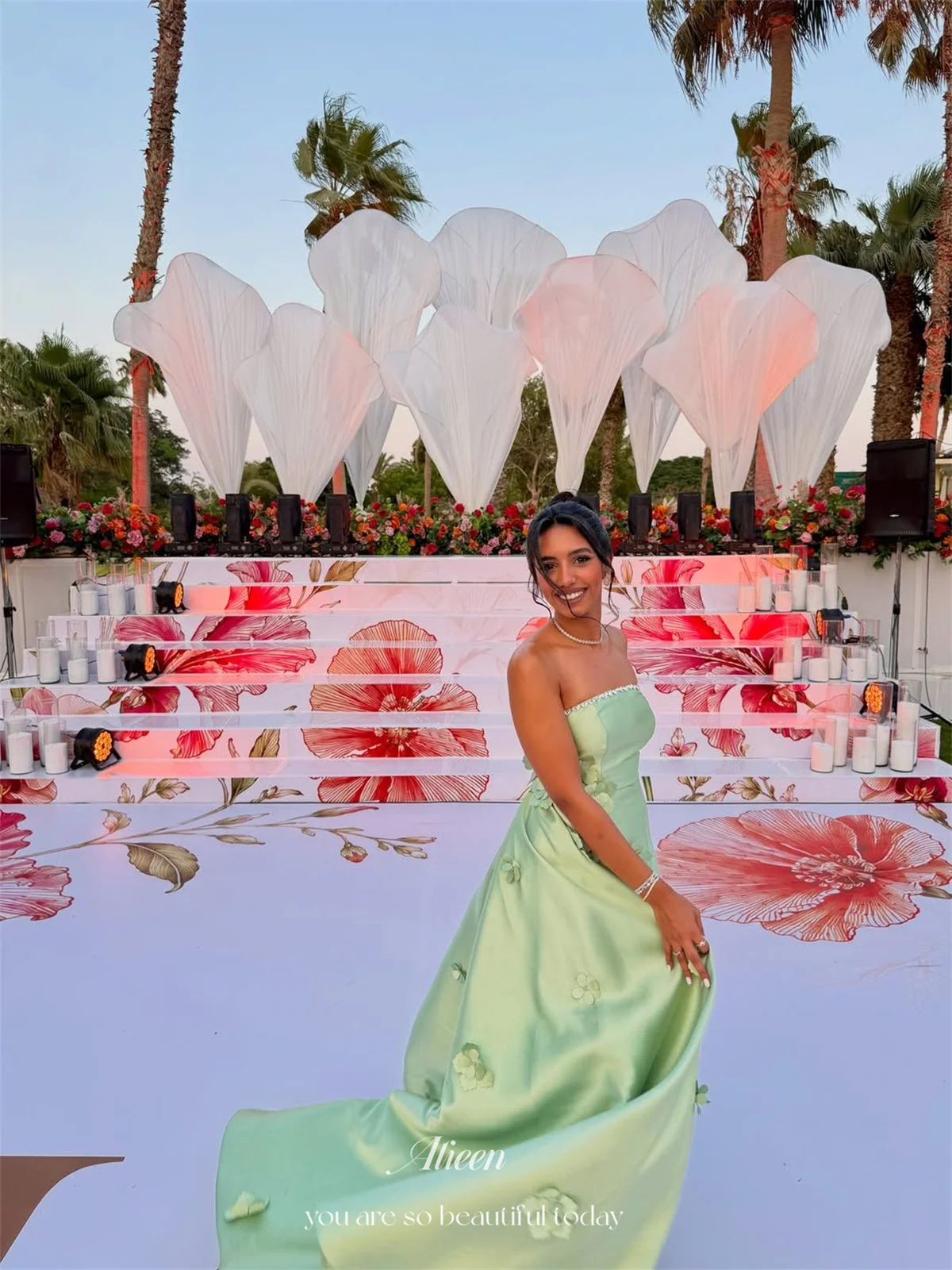 Aileen Green Prom Dress A-Line Strapless Flowers Evening Dresses Floor Length Party Event Special Occasion Custom Fit Customized