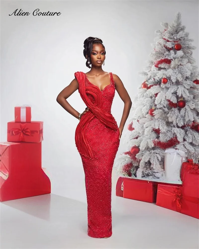

Glitter Red Evening Dress 2025 Beads Crystals Ruched Birthday Party Prom Wedding Reception Party Gown Customized