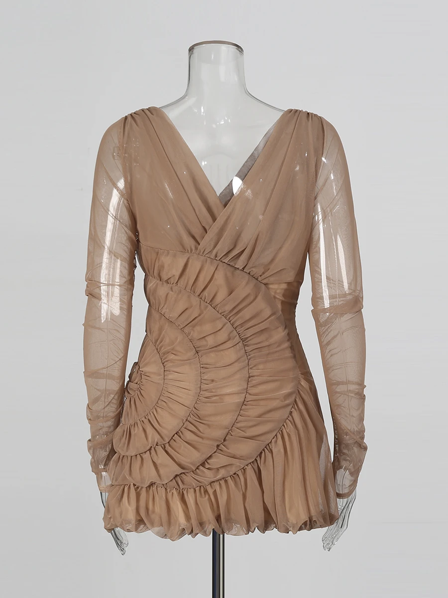 TWOTWINSTYLE Solido Sheer Impiombato Crimpatura Abiti Sexy per Le Donne Scollo a V Maniche Lunghe Elegante Mini Abito Abbigliamento Moda Femminile