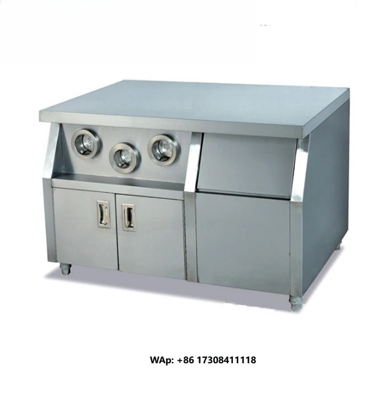 Professional Fast Food Commercial Kitchen Island Table Stainless Steel Fabrication with Caster Dispenser and Ice Bin