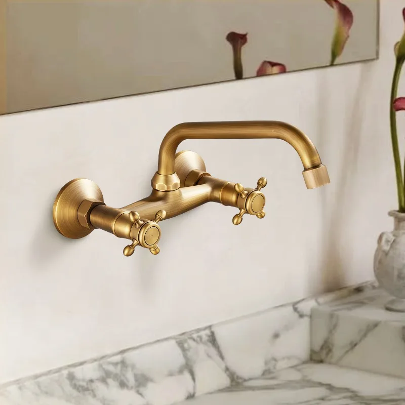Antique Brass Basin Faucet Wall Mounted Bathroom Mixer Tap Hot Cold Sink Faucet 360 Rotation Spout ORB Black Kitchen Mixer Taps