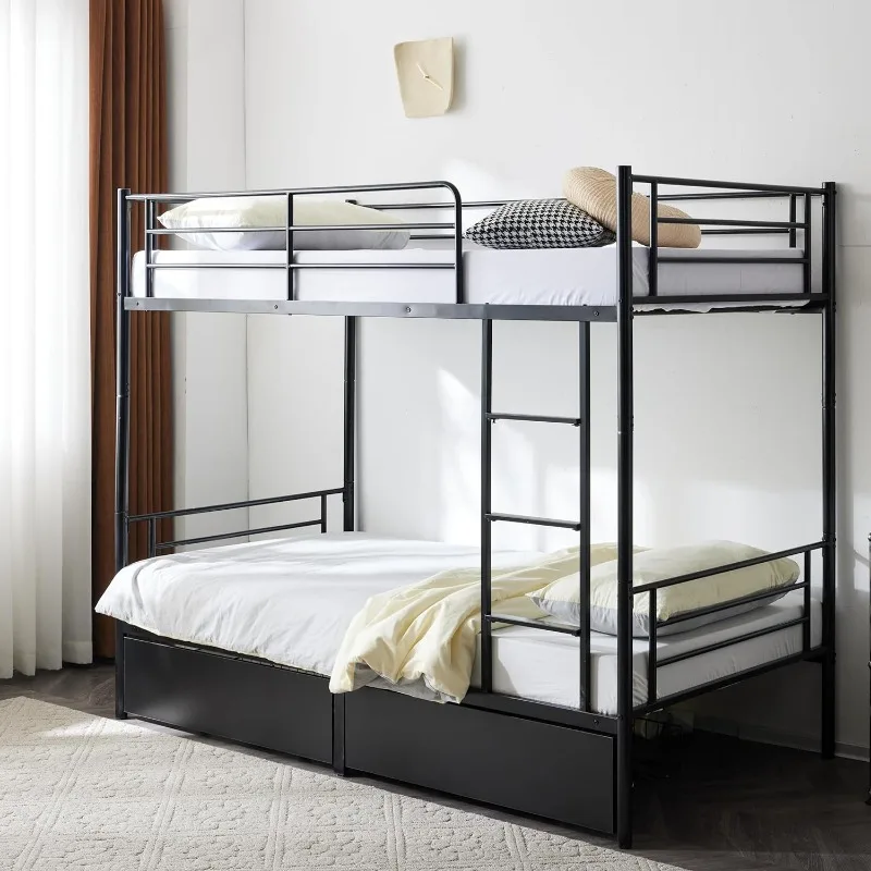 Black Bunk Bed Twin Over Twin with 2 Storage Drawers, Metal Bunk Bed with Built-in Ladder and Safety Guardrail, Space-Saving