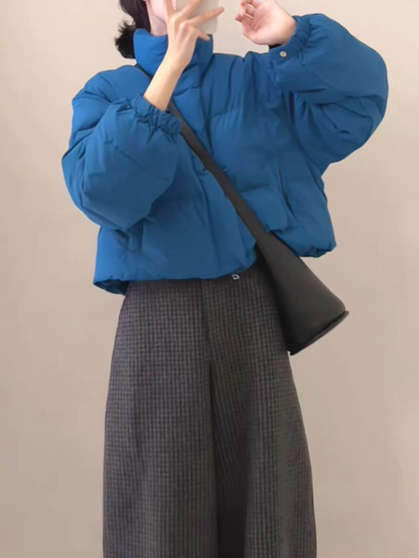 

Autumn Winter Thickened Warm Loose Women's Cotton Jacket And Plaid Pants Two-Piece Set High Waist Zipper Closure Casual Wear