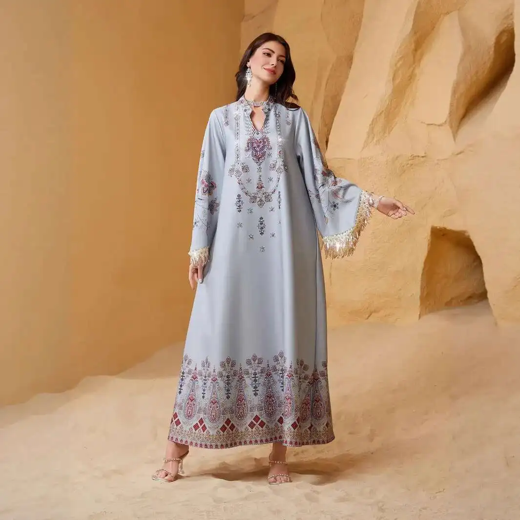 

Muslim Women's Nc13 Robe V-neck Printed Tassel Elegant Arabic Dress Abaya Robe Abaya Ramadan Dubai Luxury Islam Elegant