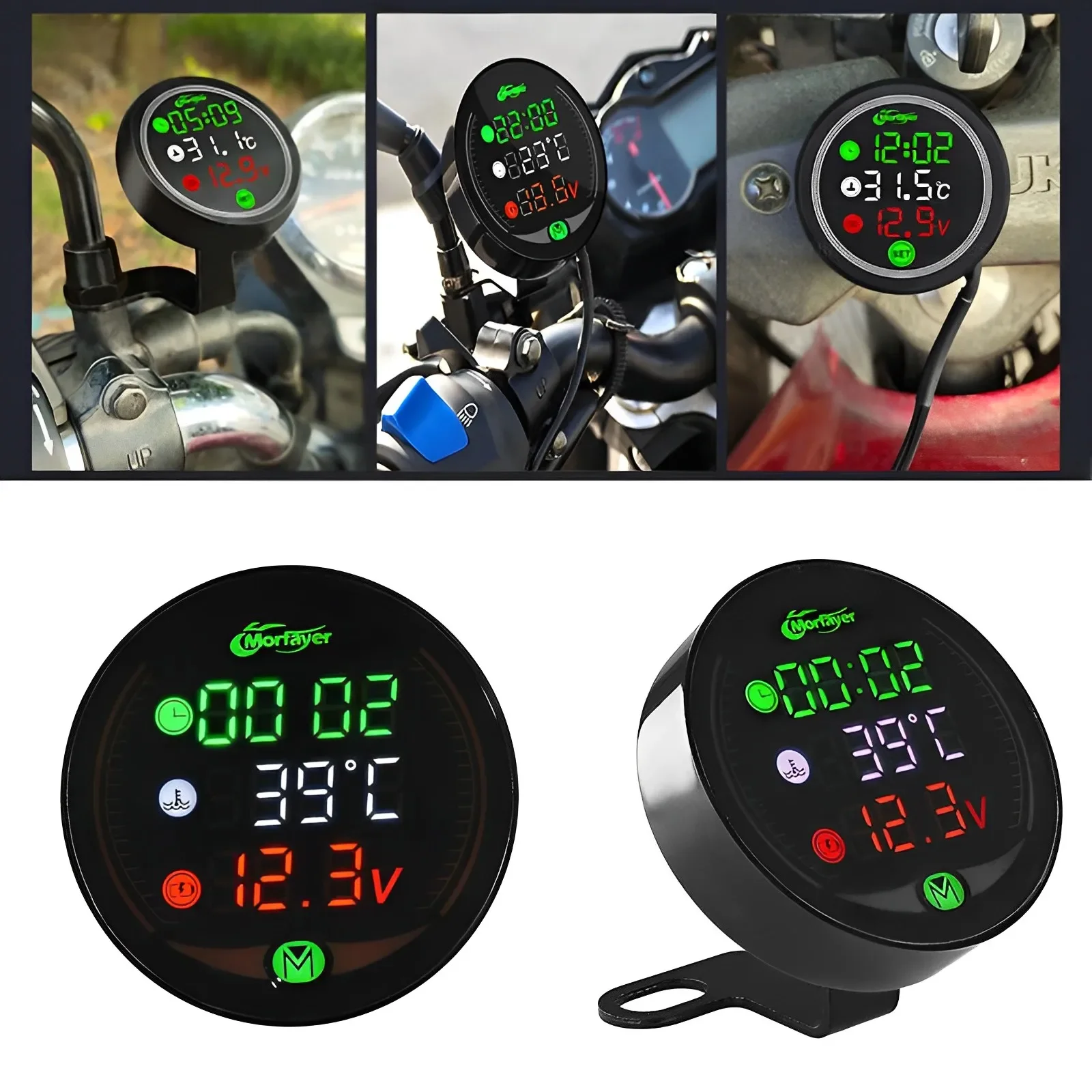 

5 In 1 9V-24V Motorcycle Electronic Clock Water Thermometer Voltmeter IP67 Waterproof Dust-proof LED Digital Time Clock Display