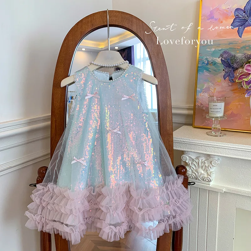 Girls Dress Summer New Children Butterfly Sequin Vest Dress High-end Princess Baby Girl Dress 2025 New Children Clothing