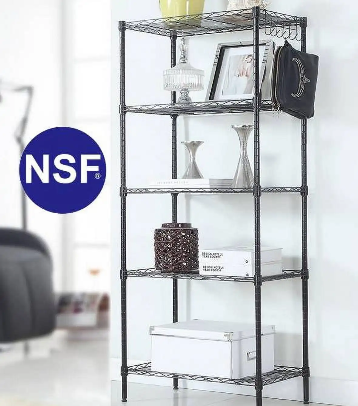 

5 Tier Layer 59"x21"x11.5" Storage Rack, Wire Shelving Adjustable Steel Storage Rack Organizer Kitchen, Black