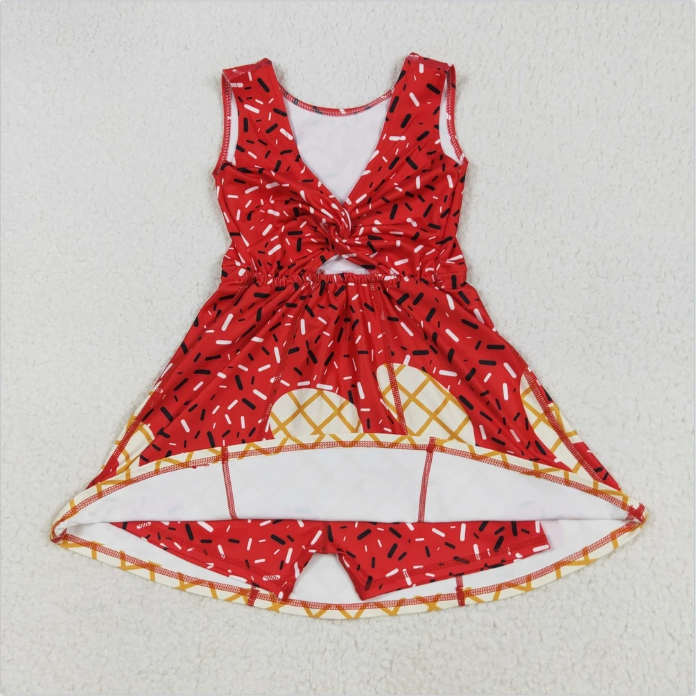 

New Girls Active Wear Baby Girls Red Color Ice-cream Drip Yoga Zip Ruffle Active Wear Skort Knee Length Girls Athletic Dresses