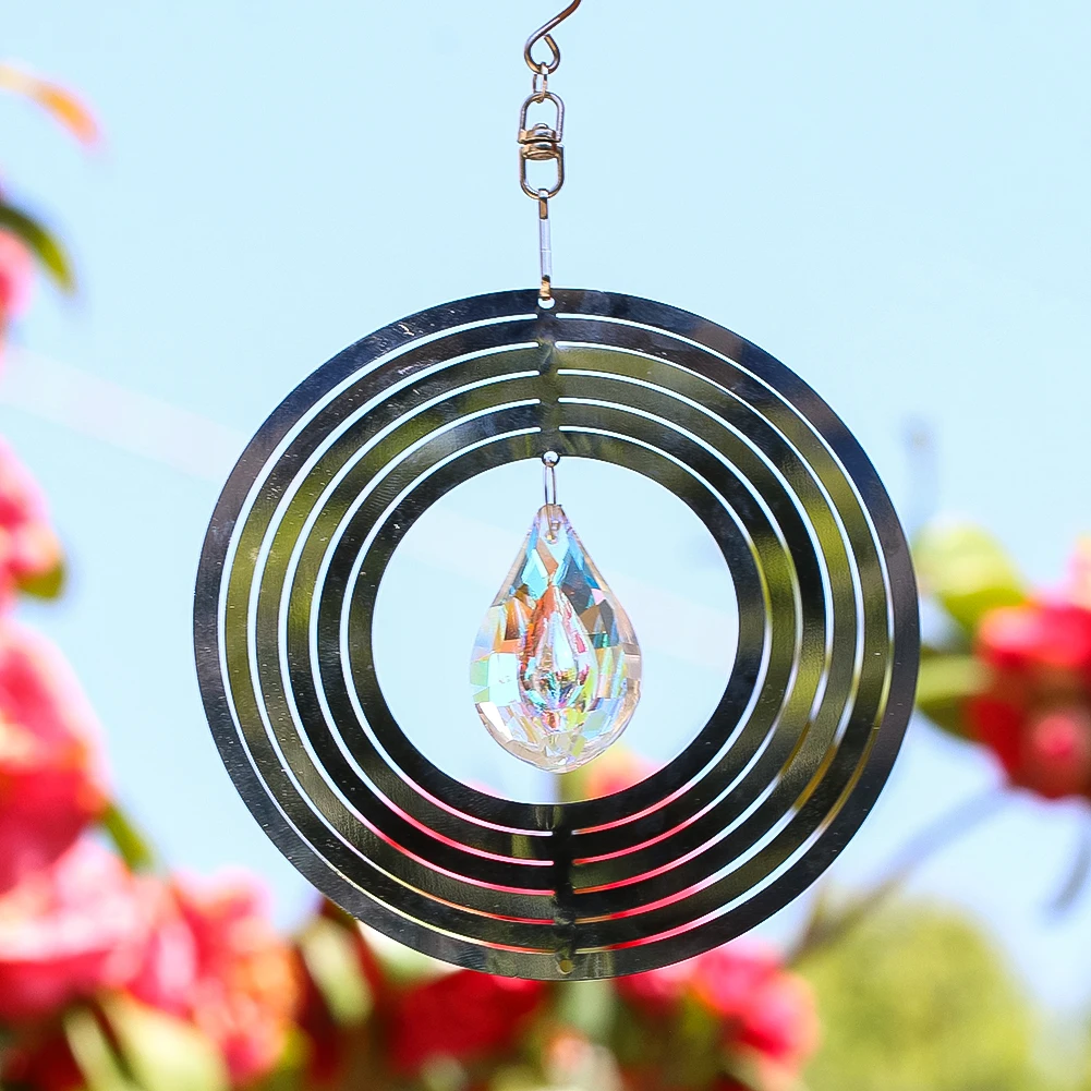 Stainless Steel Wind Spinner 3D Whirligigs Hanging Crystal Suncatcher Prism Pendant with Swivel Hook Garden Decor Bird Deterrent