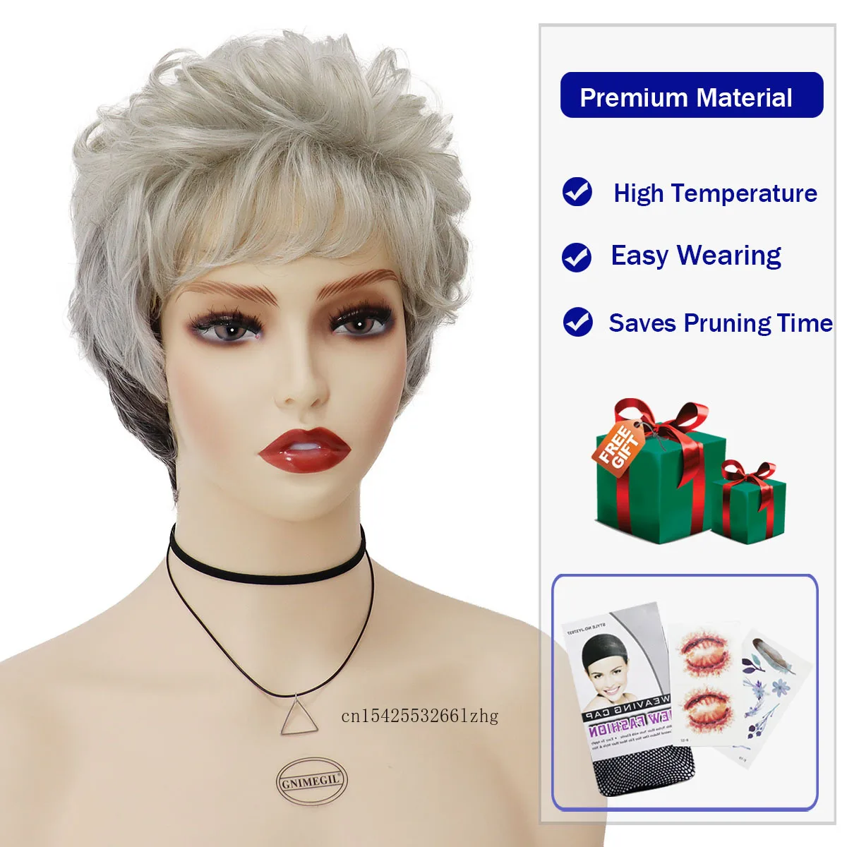 GNIMEGIL Women\'s Grey Wig Synthetic Natural Layered Haircut Short Curly Wig with Bangs Elderly Ladies Grandmother Wig Cosplay