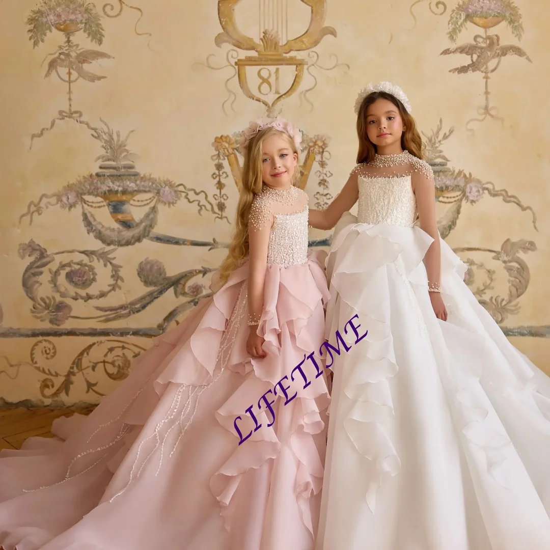 فساتين فتاة الزهور البيضاء المخصصة لحفلات الزفاف برقبة عالية مطرز بالخرز وكشكشة أول مناولة لحفلات أعياد ميلاد الفتيات الصغيرات #6