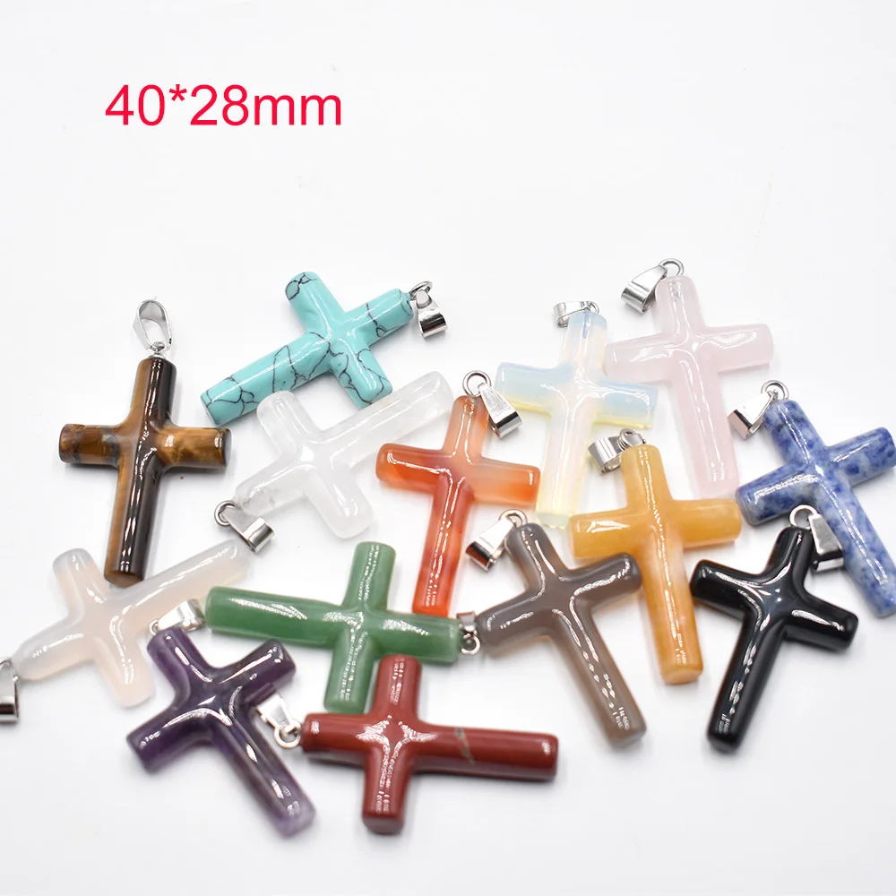 Großhandel 10 Stück/Set Modische Naturstein-Mischung 40x28mm Lange Kreuzanhänger für Schmuckherstellung Charm-Halsketten-Zubehör – Detail 1