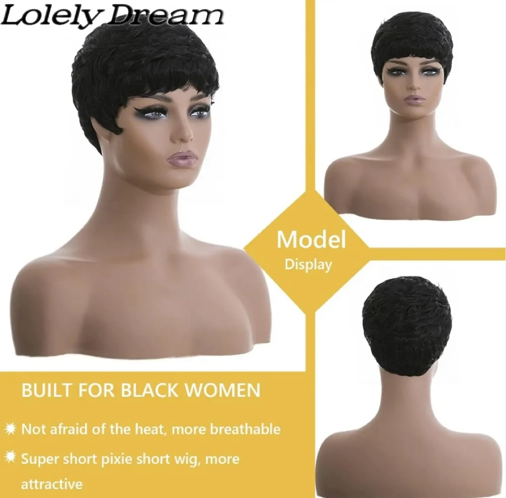 Lolely Dream Short Bob Wig 100% Human Hair Pixie Cut wigs for Black Women Full Machine Made Natural Straight 1B Color Cheap Wigs