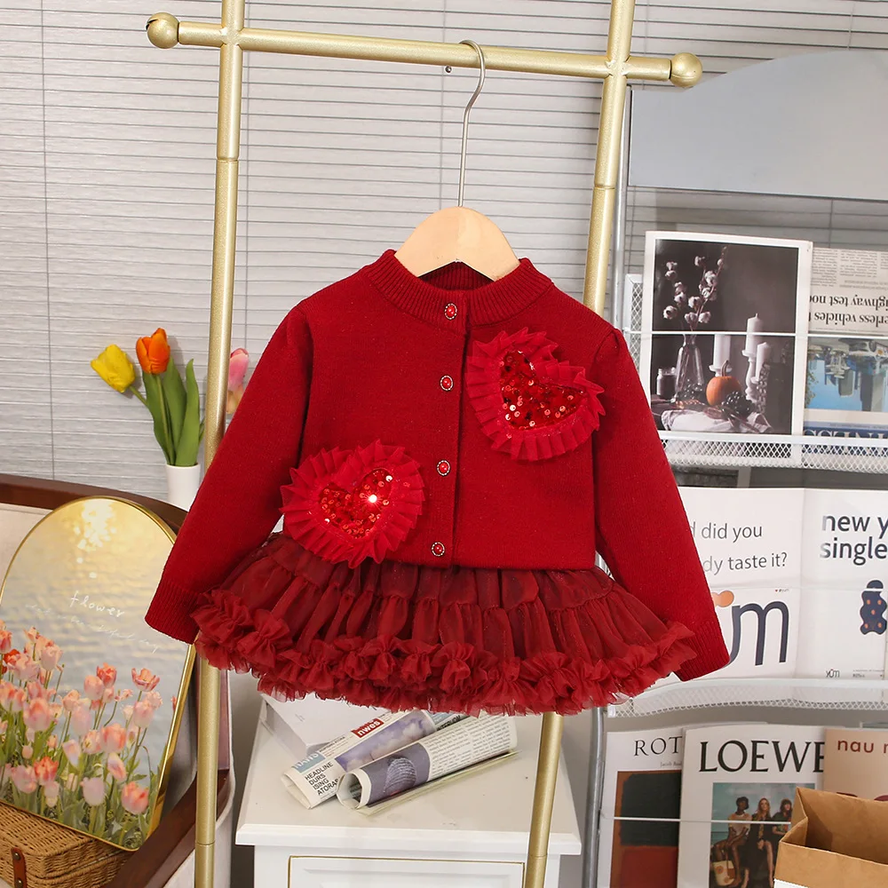 2-7 Y Girls Clothing Set Heart Style Knit Sweater Tulle Ball Gown Skirt Knit Suits Kids Outfit