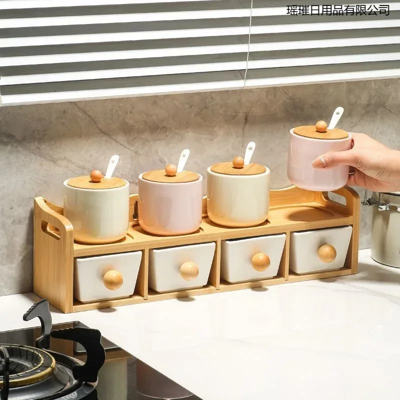 Household kitchen ceramic double-layer seasoning jar set, seasoning jar,  monosodium glutamate rack full set