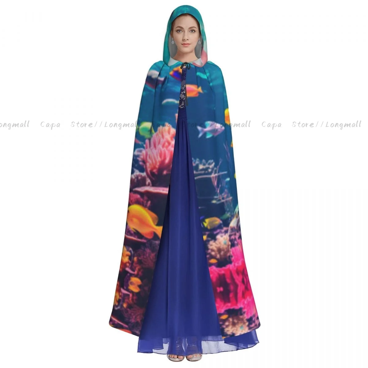 Tropical Fish Underwater World Cloak Hooded Cosplay Costume Halloween Adult Long Party Cape