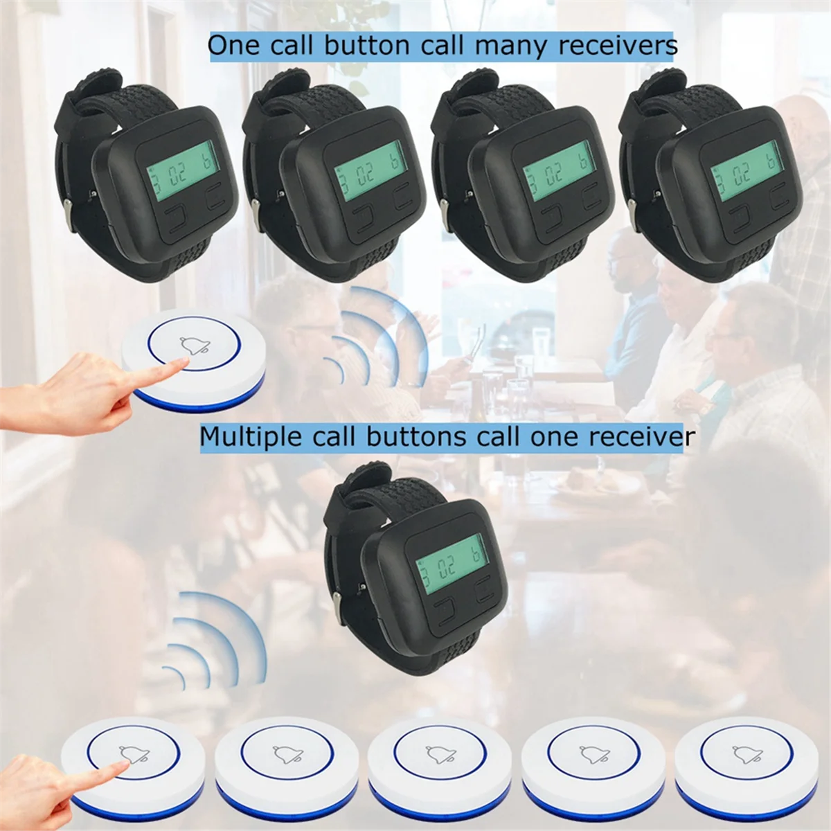 

ELBA_Wireless Restaurant Calling System 5Table Call Button Transmitters 1Watch Pager, Restaurant Waiter Service Bell Buzzer A