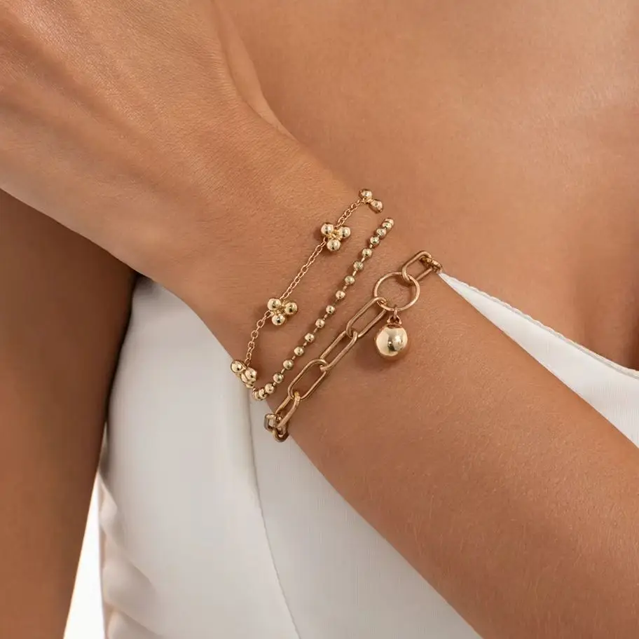 SHIXIN 3Pcs/set Hip Hop  Metal Thin Beads Charm Round Bead Thin Chain Bracelet for Women Trendy Street Wrist Bangle Jewelry Gift