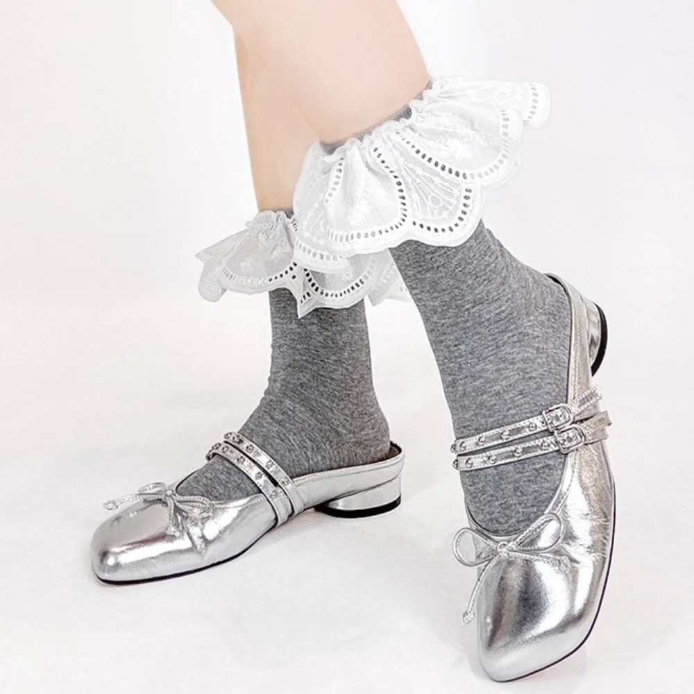 

Simple Ballet Style Ruffle Socks White Embroidered Mid Tube JK Cotton Socks Lace Jacquard Women Hosiery Spring Summer