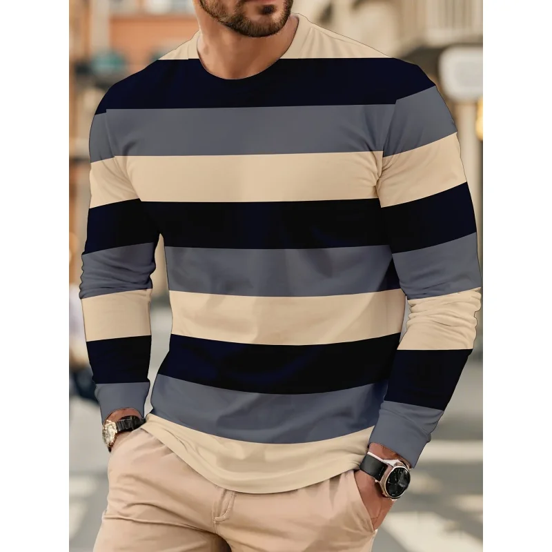 

Fashion Color Block Pattern Spring T-Shirt For Men Colorful Stripes 3D Print T Shirts Casual Loose Tees Street Tops Long Sleeves