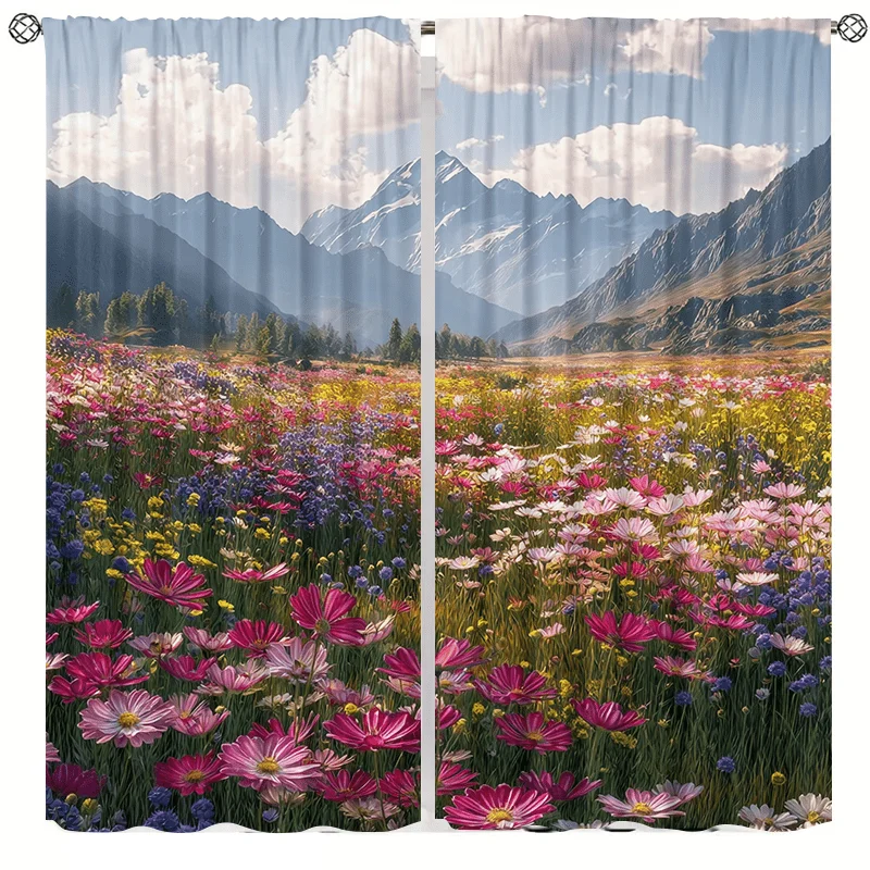 Flower field landscape natural scenery curtains pole-mounted installation. Suitable living rooms bedrooms dining rooms hotels