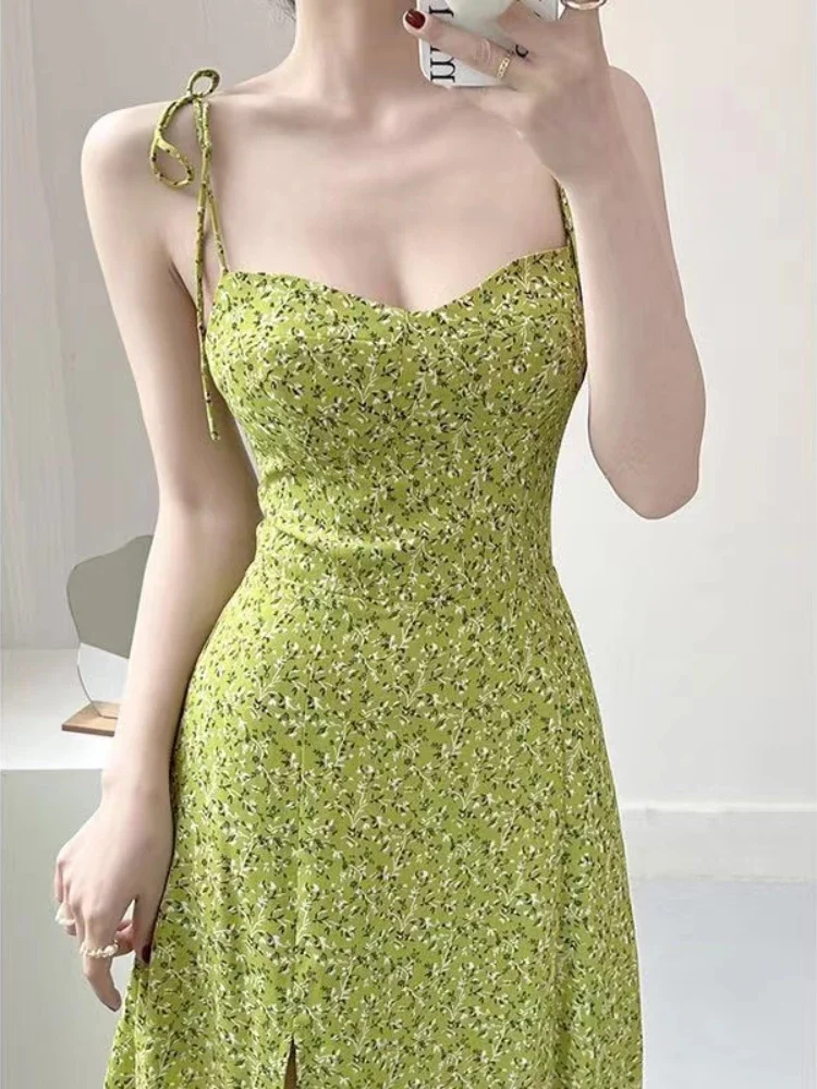 Robe longue d'été cintrée à la taille française pour femmes, tenue de plage à fleurs vertes, col carré, robes de banlieue élégantes, nouvelle collection