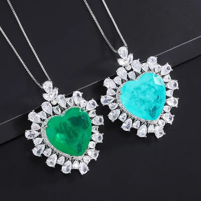 Cross-BorderwishLove Inlaid Simulation Paraiba Pendant Artificial Emerald Love Necklace Jewelry Wholesale