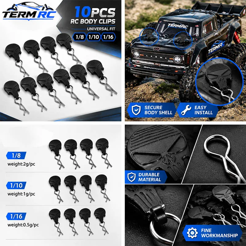 10Pcs Universal RC Car Body Clips with Pull Tabs Black White for 1/8 1/10 1/16 Losi Arrma Axial Redcat HPI HSP