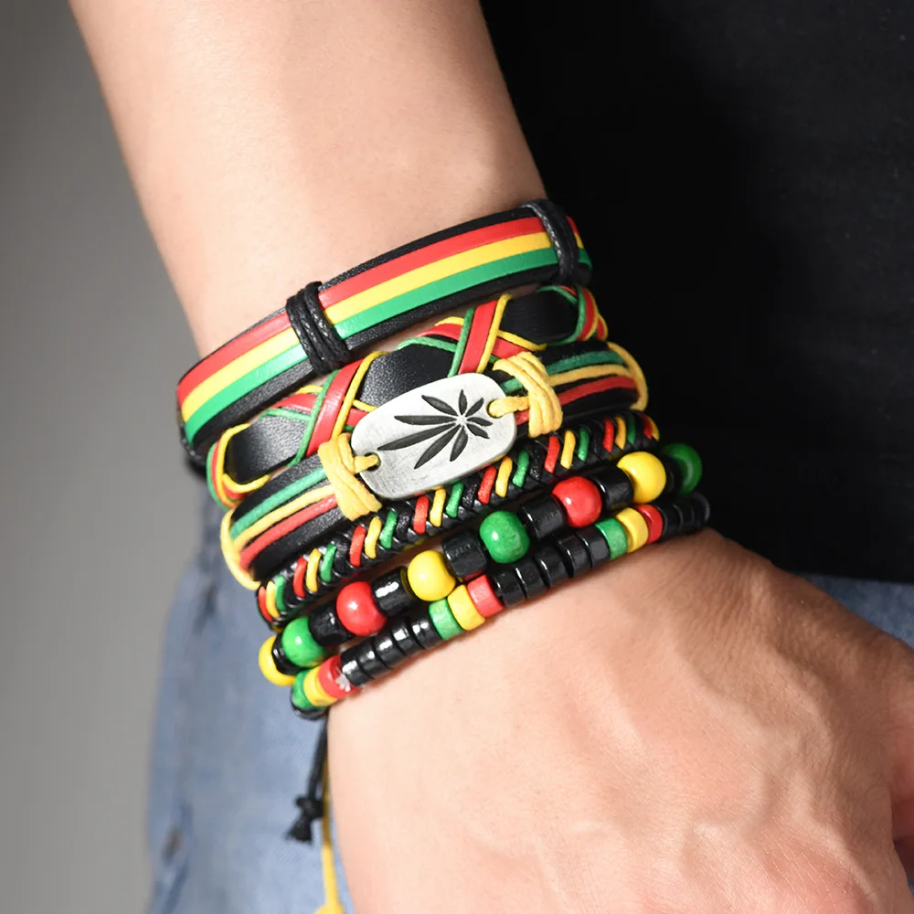 Men's Rasta Leather Bracelet Set Multilayer Braided Beaded Wristbands Reggae Jamaican Style Punk Boho Jewelry Gift for Men Teens