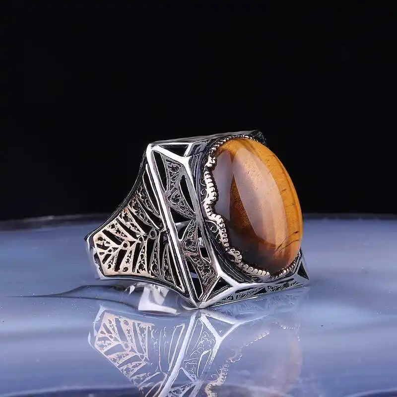 Silver Tiger Eye Stone Square Men's Ring - 925 Sterling Men's Jewelry Wedding Birthday Gift - Box - Tiger Eye Stone - For Man - Fashion - Botiva - Size - Turkish - Patterned Embroidery