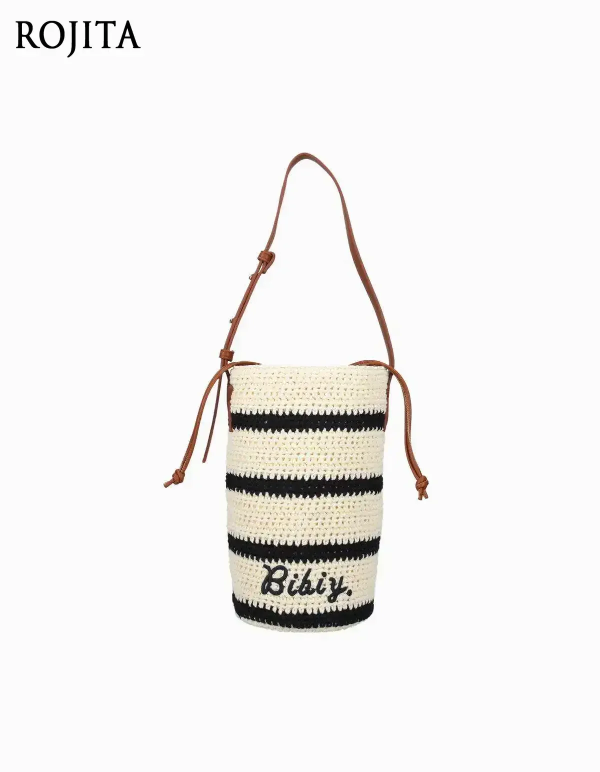 Japanese Letter Embroidered Woven Bucket Bag Striped Knitted Bag Adjustable Leather Shoulder Strap Messenger Women's Bag