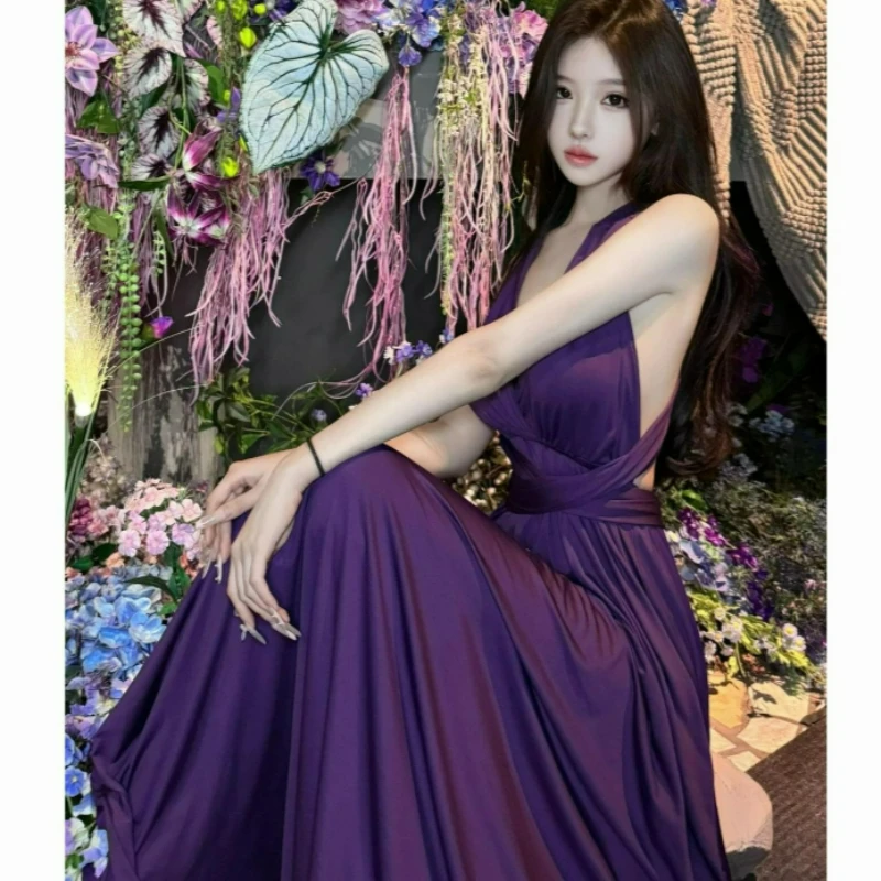 高級誕生日パーティー エレガントロングドレス 2026年新作 夏ファッションドレス ストラップ付き バックレス パープル ホルターネックドレス レディース