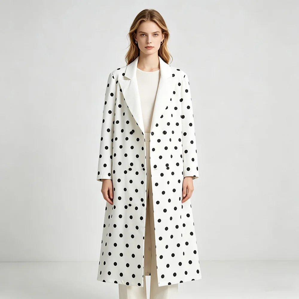 Fashion Women Long Polka Dot Trench Coat Notched Lapel Double Breasted Loose Long Sleeve Outerwear Spring Autumn Female Overcoat