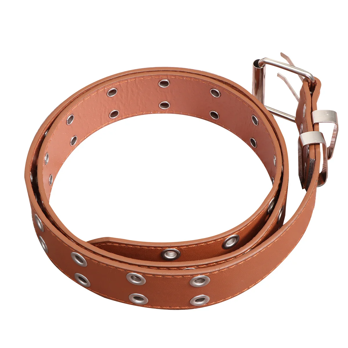 

Punk Style Double Rows Holes Belt Brown Durable PU Iron Waist Belt Comfortable for Women Man Casual Work Dating