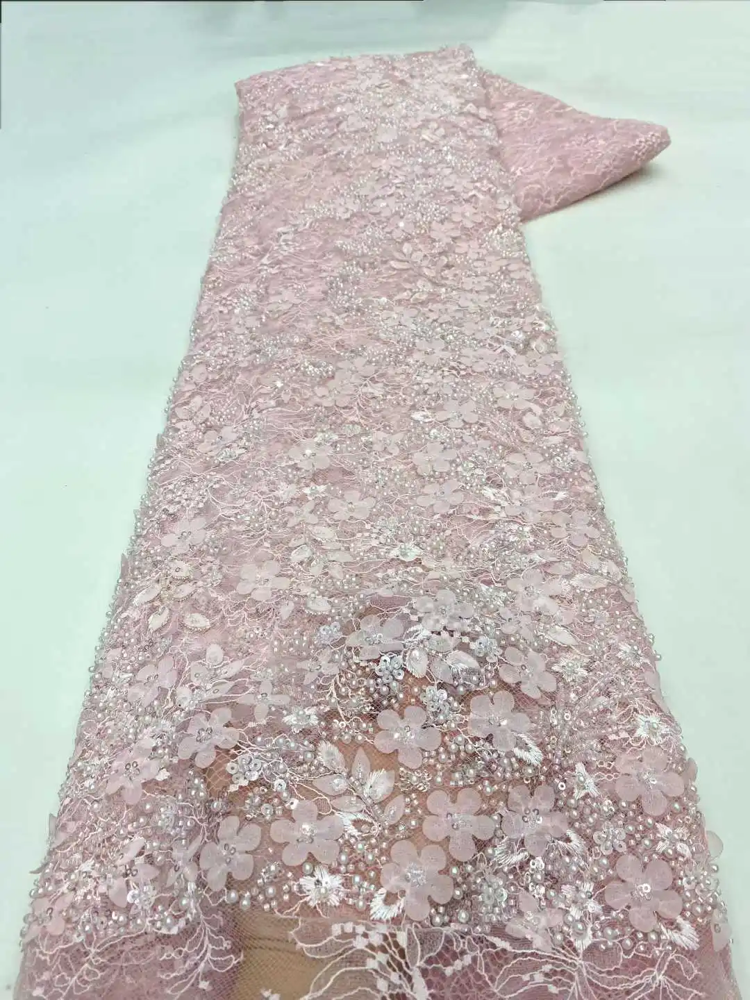 

Wholesale Beaded Lace Fabric, French Mesh With Sequence, African Lace Fabric 2026 High Quality, Bridal Lace Fabric, Beaded Net