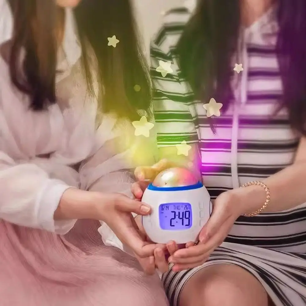 

Glowing Starry Sky Projection Clock with Music&Calendar Temperature Indicators LED Alarm Clock Colorful Light