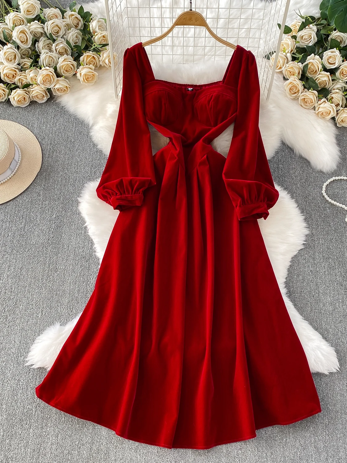 Ele cuello cuadrado linterna Sve Dr mujer Otoño Invierno boda Dr adelgazante largo Dr cintura alta A-Line falda