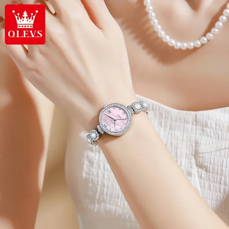 OLEVS 5635 entièrement perle main chaîne montre mode élégant étanche femmes montres Quartz montre-bracelet femmes