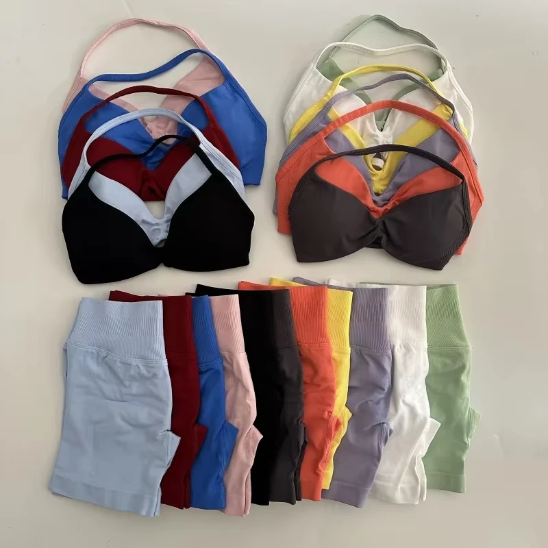

2PCS Yoga Gym Set Women Seamless Strappy Yoga Bra Top High Waist Workout Scrunch Shorts Sports Suit Fitness Clothes Sportswear