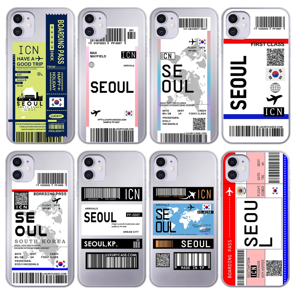 South Korea Seoul Map Flag Plane Travel Fly Ticket Cover Case for iPhone 15 14 Pro Max 13 12 11 Mini X XS XR 7 8 6S Plus SE