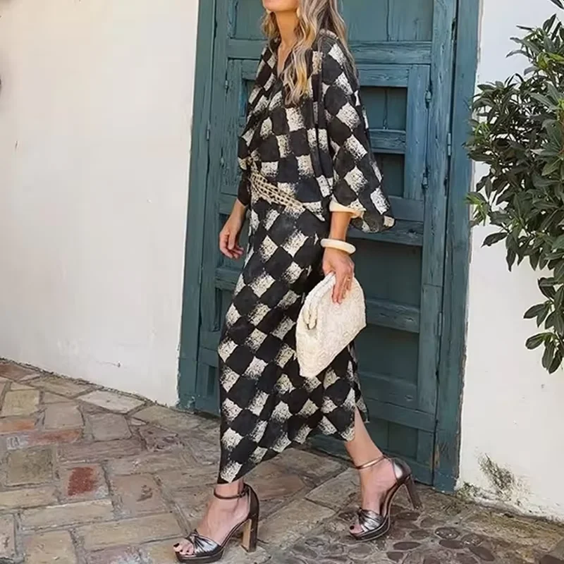 Elegantes Damenkleid mit hoher Taille, Vintage V-Ausschnitt, Leinenmuster, bedrucktes Patchwork-Kleid, Sommerkleid mit Fledermausärmeln, locker geschnittenes, plissiertes Spitzenkleid