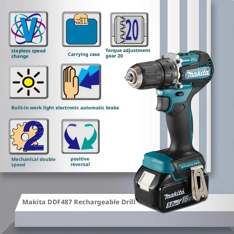 Makita Original DDF487 Akumulátorový šroubovák, bezkartáčový elektrický rázový šroubovák, 18V dobíjecí elektrické nářadí - náhled 5