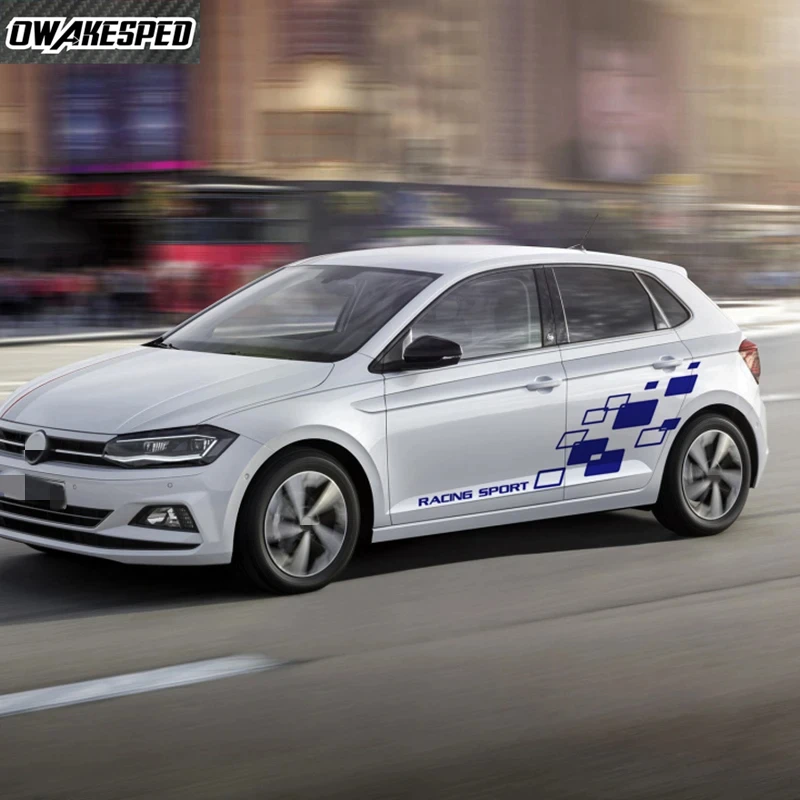 4pcs Racing Lattices Graphics Sticker Car Door Side Decor Vinyl Decals For Volkswagen POLO GOLF T-ROC CC Auto Body Sport Stripes