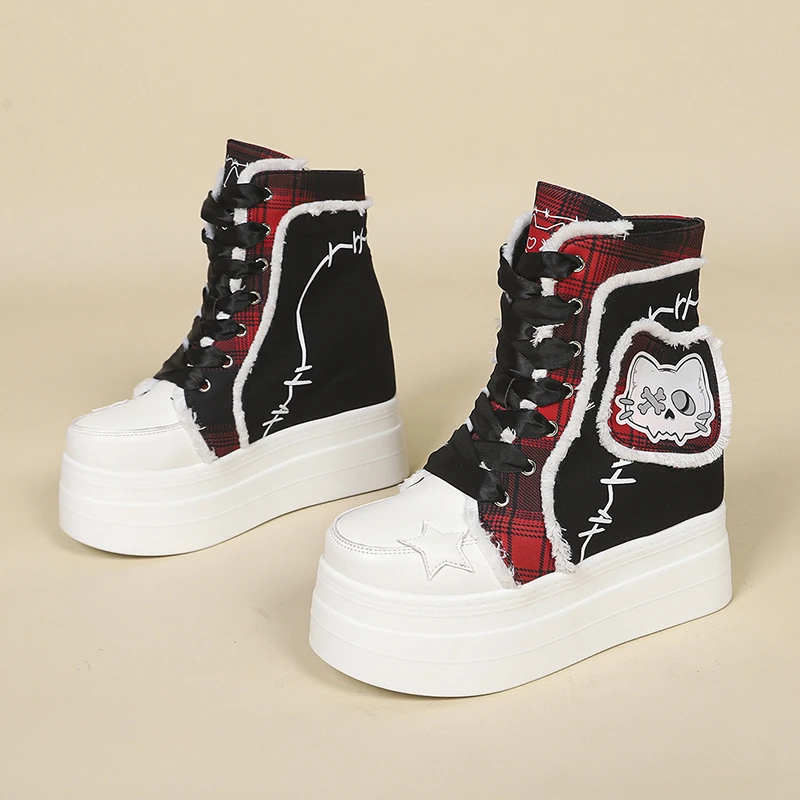 Y2K Gothic Platform High Top Sneakers for Women Wedge 10.5cm Heel Canvas Shoes Cute Cartoon Cat Patch Punk Lace-up Girls' Boots