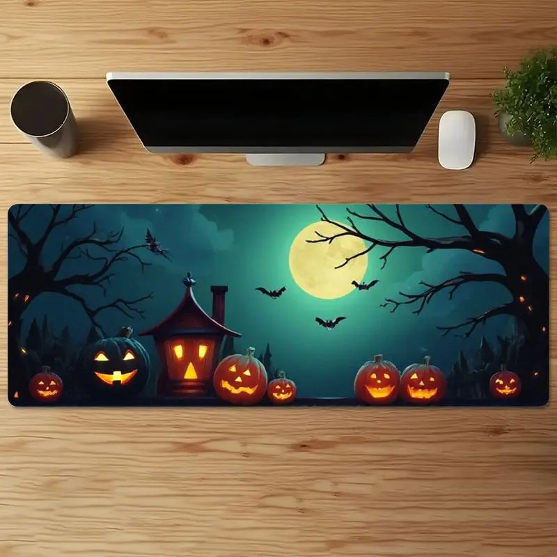 قطعة واحدة من لوحة الماوس الممتدة للهالوين جاك أو فانوس والقمر الكامل مع خفافيش، طباعة عالية الدقة، حصيرة مكتبية ذات سطح أملس مضادة للانزلاق للألعاب، #2