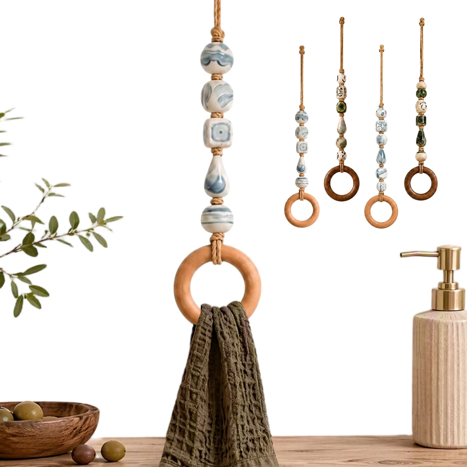Beaded Wooden Wall Mounted Towel Rack Boho Farmhouse Bathroom Entryway Bedroom Hanger Decor 25cm