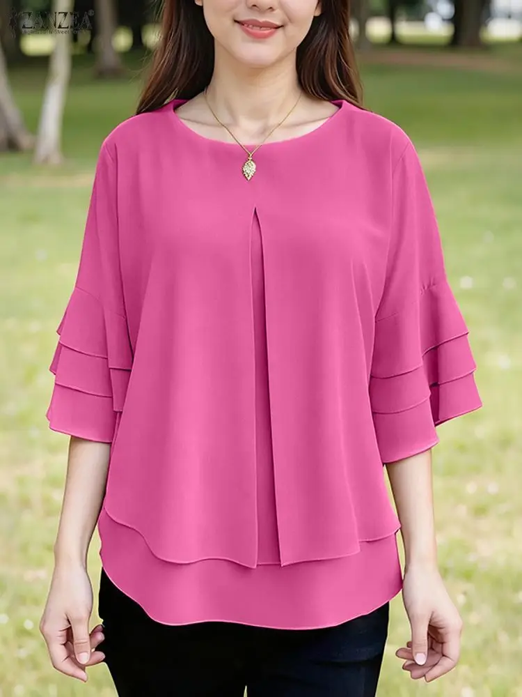 

2025 ZANZEA, женская однотонная блузка с рукавом 3/4, летняя модная рубашка, повседневная блузка с круглым вырезом, женские элегантные рабочие топы, сорочка оверсайз