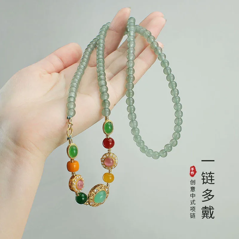 DIY accessories Grandmother green round beads, a multi-wear necklace, Chinese multi-circle bracelet, retro fashion sweater chain