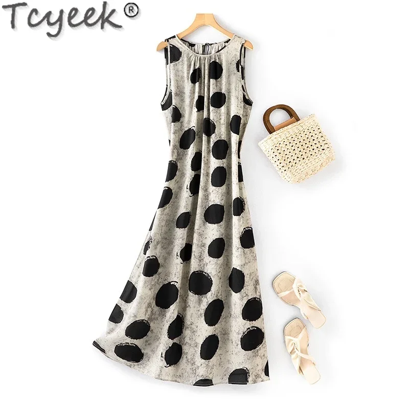 

Tcyeek 100% Mulberry Silk Dress for Women Summer Clothes Sleeveless Party Dress Elegant Women's Dresses Dots Vestido Feminino